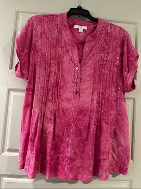 Coral Bay Petites Fuchsia Sequin-Trim Short Sleeve Top